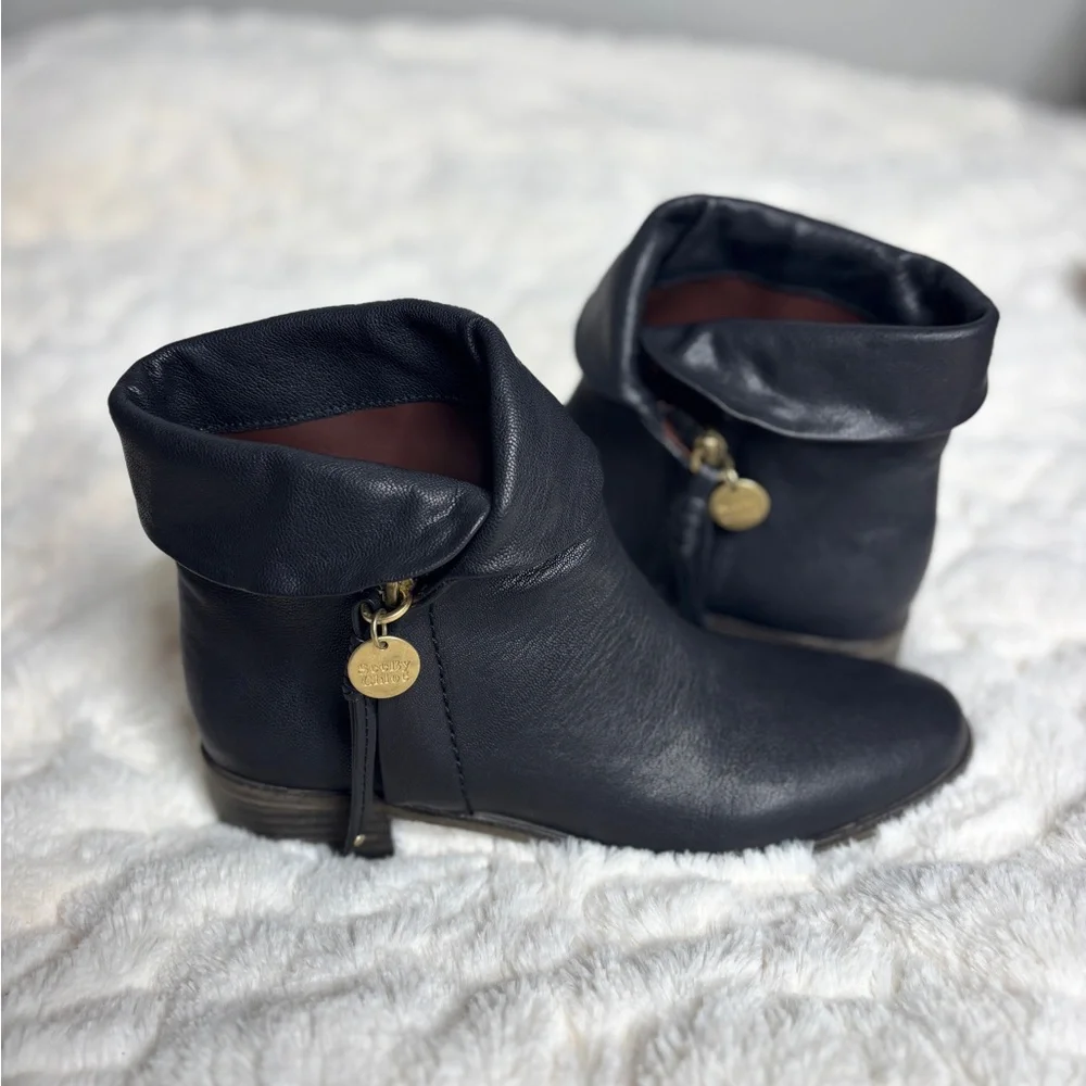 See By Chloe Black Leather Moto Ankle Boots